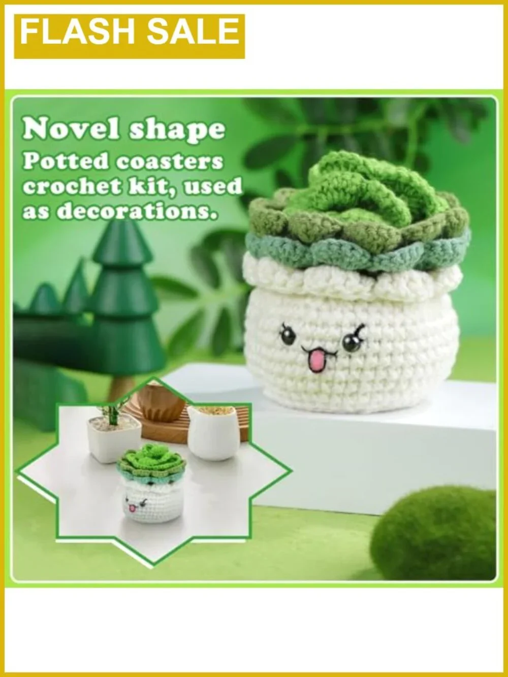 Crochet Kit for Beginners 3PC Coaster Potted Plant DIY Craft Set